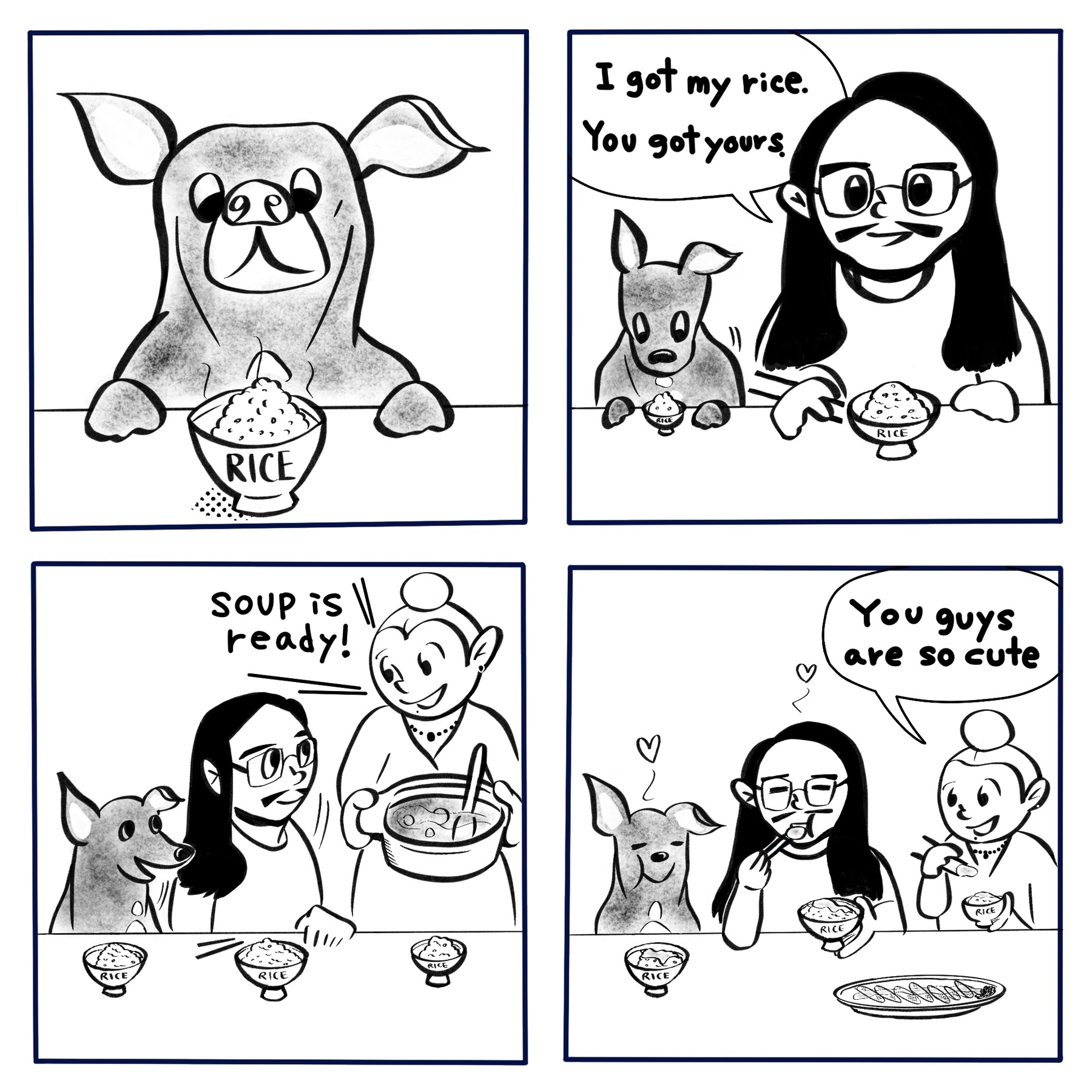 Shiro, the dog, is staring at his food. Then Toni, the owner, is also staring at the rice.
His wife Amber is holding the soup and saying, "It's ready.”
Toni and Shiro are eating their supper of rice and soup with the same look on their faces.
Amber sees them and smiles, "You guys are so cute.
