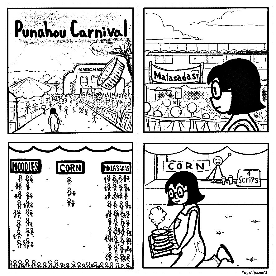 Ken Ken goes to the Punahou Carnival in Hawaii, and the only thing vegan option is corn. The lines are long for both malasadas and noodles.